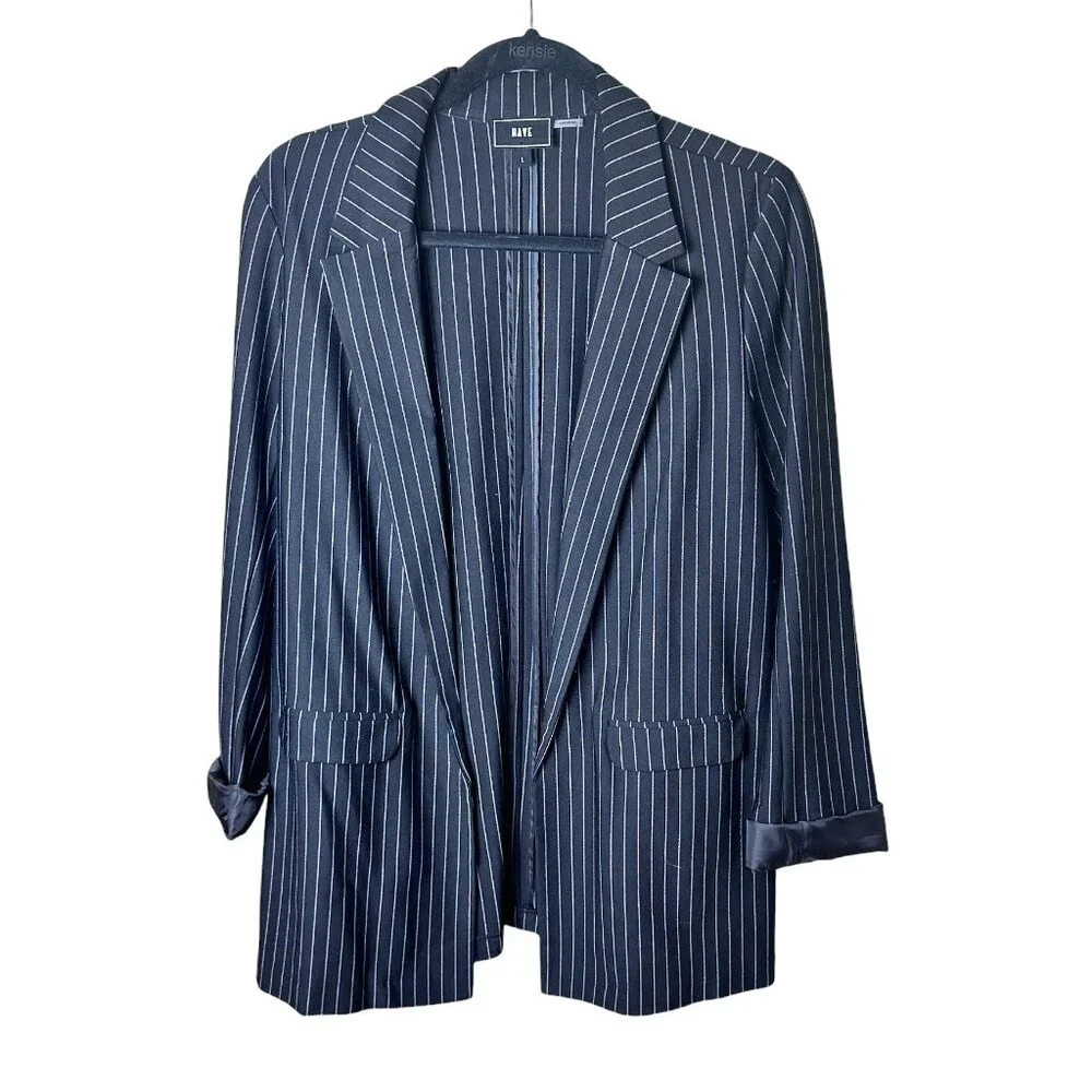 NWOT Boutique HAVE Brand Pinstripe Longline Black Open Front Blazer - size Large